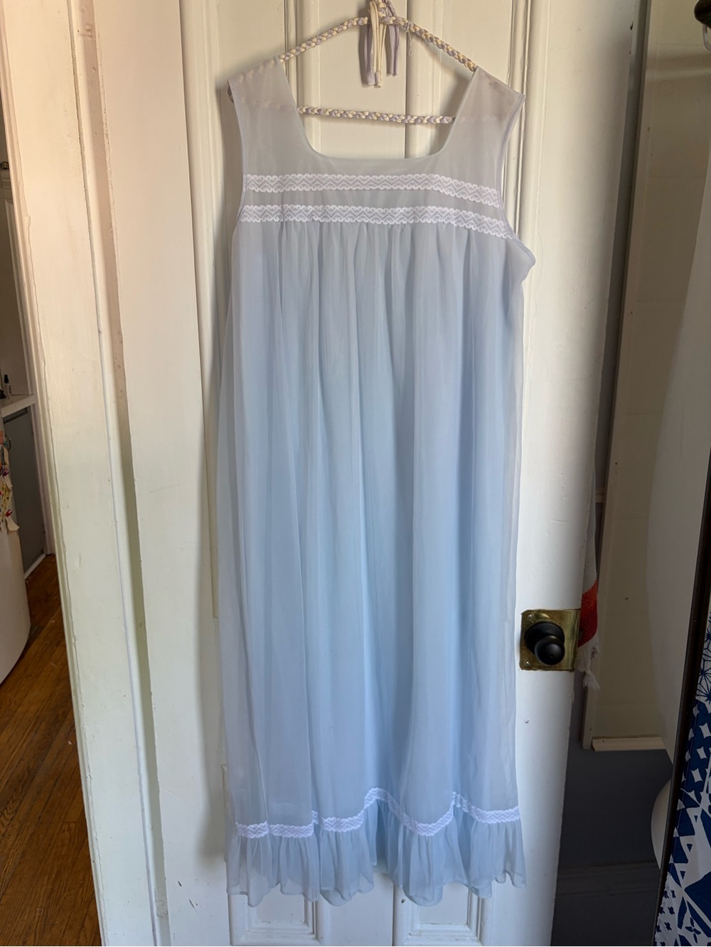 Vintage Light Blue Sheer Nightgown with Lace Trim